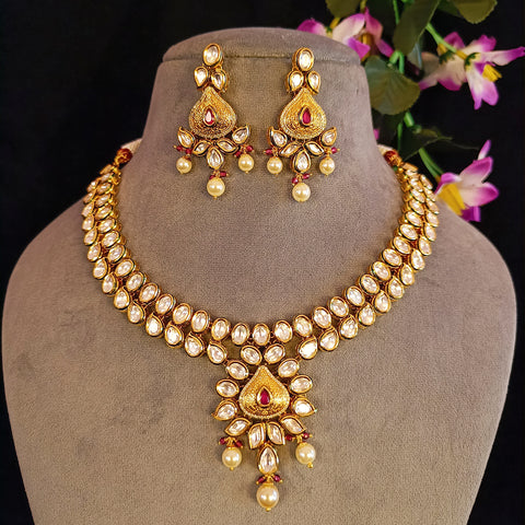 Designer Gold Plated Royal Kundan & Ruby Necklace with Earrings (D421)