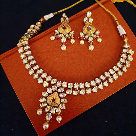 Designer Gold Plated Royal Kundan & Ruby Necklace with Earrings (D421)