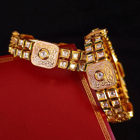 Designer Gold Plated Peach Royal Kundan Openable Bracelet (Design 121)