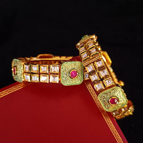 Designer Gold Plated Mint Royal Kundan Openable Bracelet (Design 120)