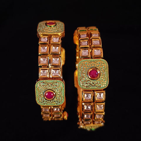 Designer Gold Plated Mint Royal Kundan Openable Bracelet (Design 120)