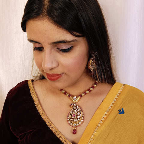 Designer Gold Plated Royal Kundan, Ruby & Beads Pendant Set (D419)