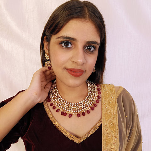 Designer Gold Plated Royal Kundan & Ruby Necklace with Earrings (D416)