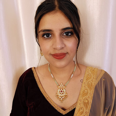 Designer Gold Plated Royal Kundan & Beaded Pendant Set (D423)