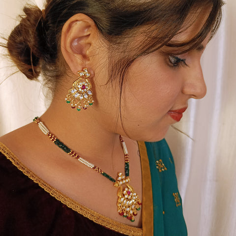 Designer Gold Plated Royal Kundan, Ruby & Red/Green Beads Pendant Set (D424)