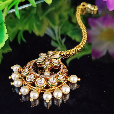 Designer Gold Plated Royal Kundan & Pearl Maangtikka (D40)