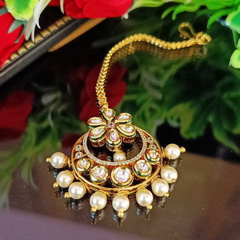 Designer Gold Plated Royal Kundan & Pearl Maangtikka (D40)