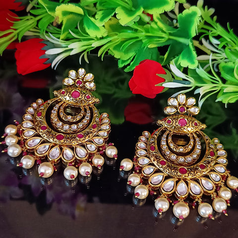 Gold Plated Beautifully Royal Kundan & Ruby Beaded Earrings (E355)