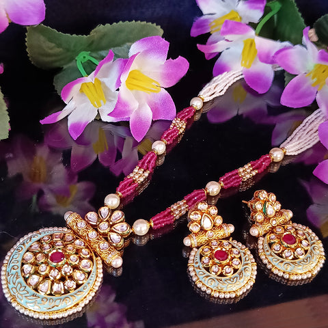 Designer Gold Plated Royal Kundan, Ruby & Beads Pendant Set (D439)