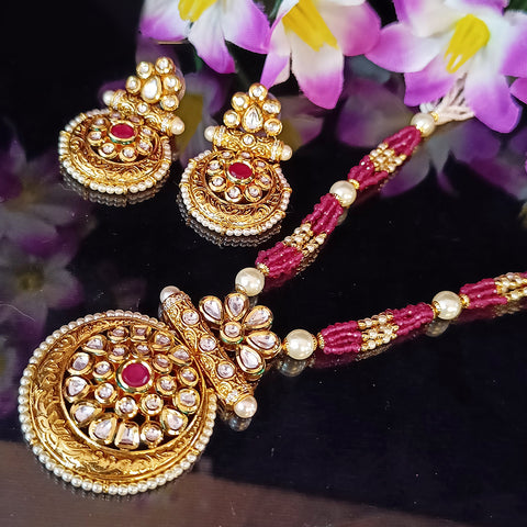 Designer Gold Plated Royal Kundan, Ruby & Beads Pendant Set (D437)