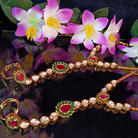Designer Gold Plated Royal Kundan, Emerald & Ruby Openable Haath Phool (Design 126)