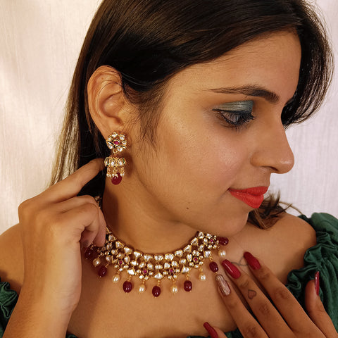 Designer Gold Plated Royal Kundan & Ruby Necklace with Earrings (D434)