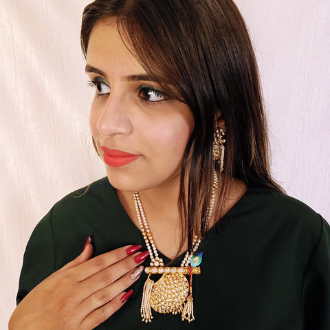 Designer Gold Plated Royal Kundan & Beads Pendant Set (D435)