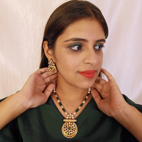 Designer Gold Plated Royal Kundan, Emerald & Beads Pendant Set (D438)