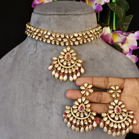 Designer Gold Plated Royal Kundan & Ruby Necklace with Earrings (D442)