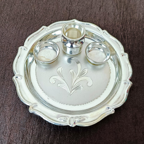 925 Solid Silver Mache Roli Tikka Pooja Thali/Plate (Design 34)