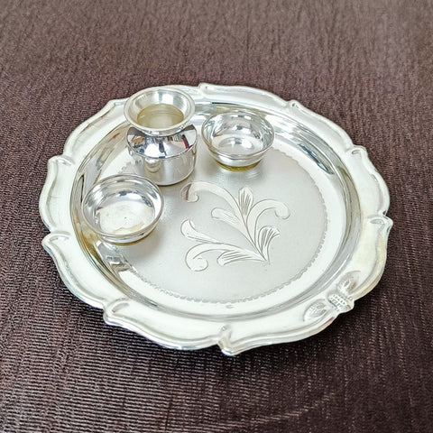 925 Solid Silver Mache Roli Tikka Pooja Thali/Plate (Design 34)