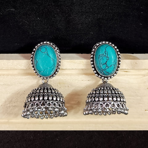 Traditional Style Oxidized Earrings With Green Color Beads for Casual Party (E589)