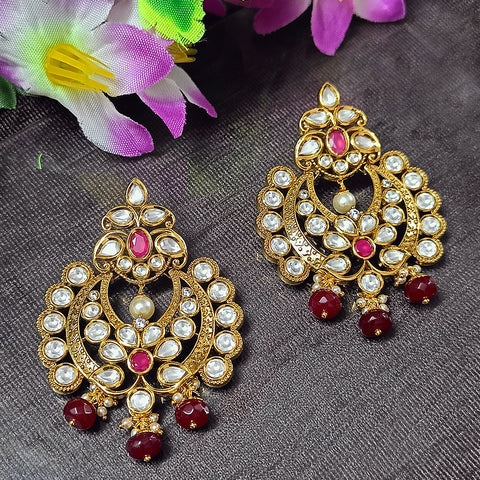 Gold Plated Beautifully Royal Kundan & Ruby Beaded Earrings (E605)