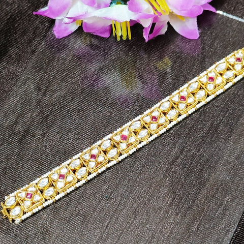 Designer Gold Plated Royal Kundan & Ruby Openable Bracelet (Design 137A)
