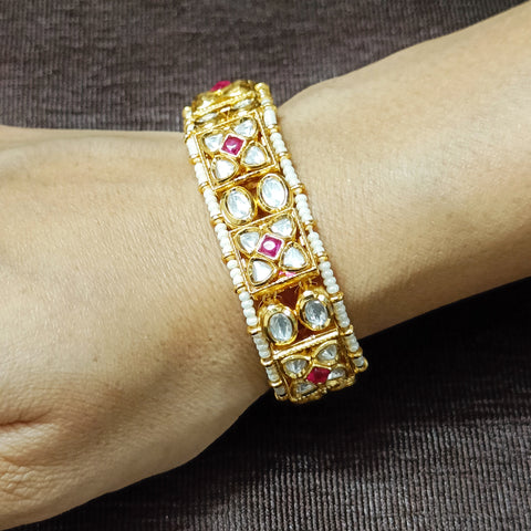Designer Gold Plated Royal Kundan & Ruby Openable Bracelet (Design 137A)