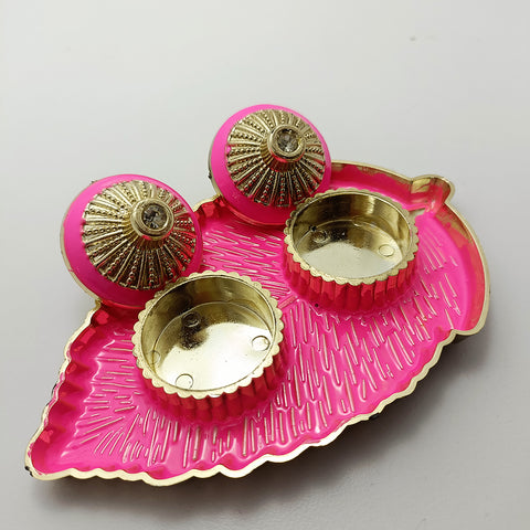 Leaf Shaped Thali With Haldi Kumkum Akshat Containers Gift Festive Gift Haldi Kumkum Return Gift Puja/Wedding Return Gift (D3)