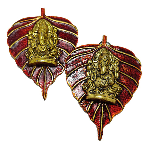 Golden/Red Lord Ganesha Wall Hanging On Leaf Handcrafted Metal Showpiece (D25)