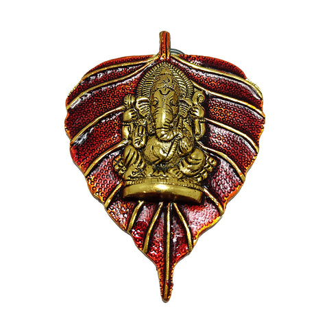 Golden/Red Lord Ganesha Wall Hanging On Leaf Handcrafted Metal Showpiece (D25)