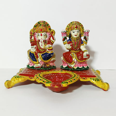 Metal Handcrafted Ganesha Laxmi with Diya Showpiece for Home Decor (D29)