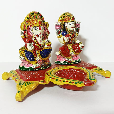 Metal Handcrafted Ganesha Laxmi with Diya Showpiece for Home Decor (D29)