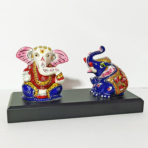 Metal Handcrafted Lord Appu Ganesha with Trunk Up Sitting Elephant on Wooden Chowki Showpiece for Home Decor (D27)