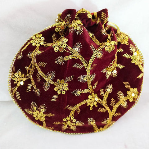 Indian Handmade Women's Embroidered Potli Purse Bag Pouch Drawstring Bag Maroon In Color (D9)