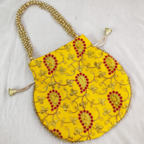 Indian Handmade Women's Embroidered Potli Purse Bag Pouch Drawstring Bag Yellow In Color (D7)