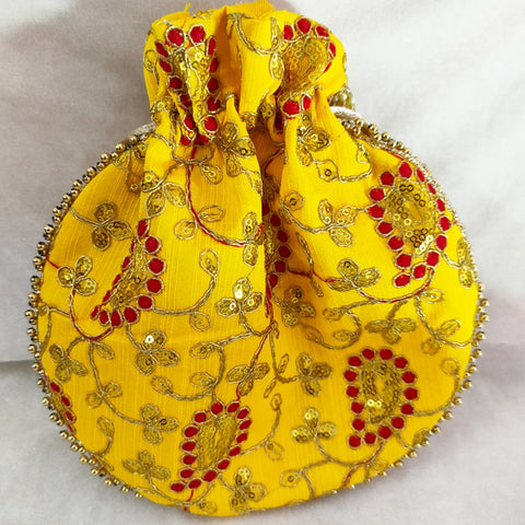 Indian Handmade Women's Embroidered Potli Purse Bag Pouch Drawstring Bag Yellow In Color (D7)