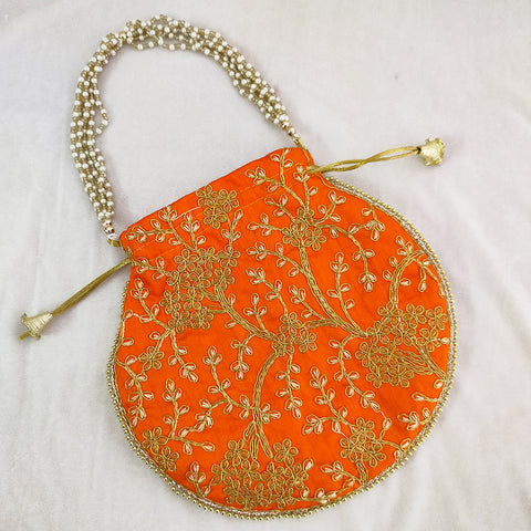 Indian Handmade Women's Embroidered Potli Purse Bag Pouch Drawstring Bag Orange In Color (D8)