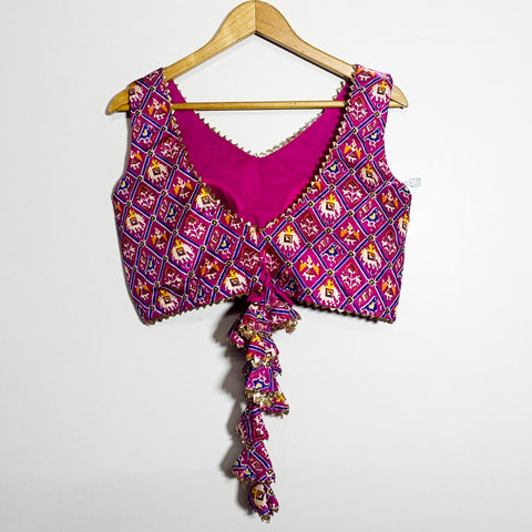 Premium Patola Printed Pink & Blue Designer Readymade Blouse in Silk (Design 1023)