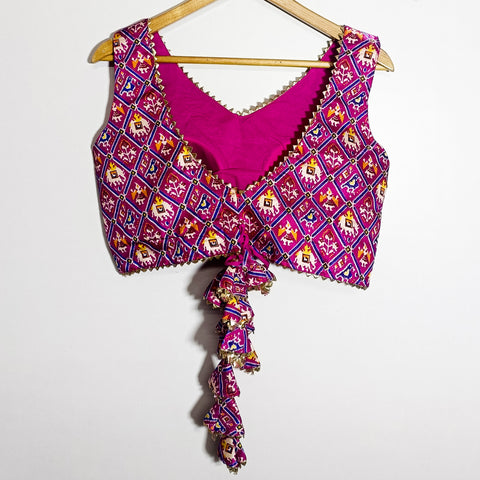 Premium Patola Printed Pink & Blue Designer Readymade Blouse in Silk (Design 1023)