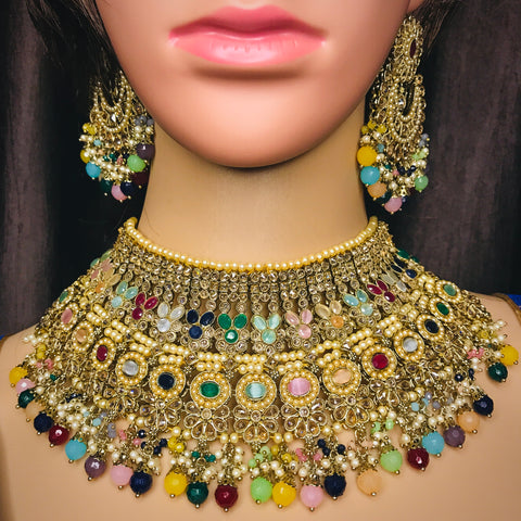 Designer Semi-Precious Multi Color Stone Necklace with Earrings & Maangtikka For Bridal (D721)