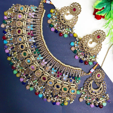 Designer Semi-Precious Multi Color Stone Necklace with Earrings & Maangtikka For Bridal (D721)