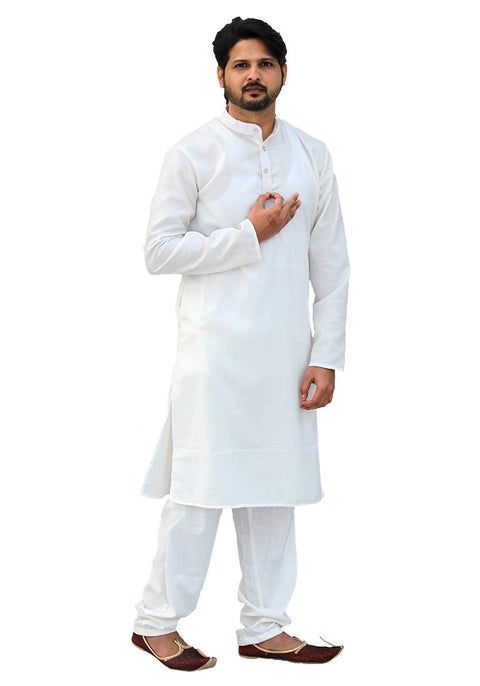Men's Designer Cotton Kurta Pajama in White Color (D55) - PAAIE