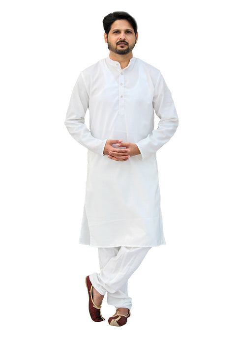 Men's Designer Cotton Kurta Pajama in White Color (D55) - PAAIE