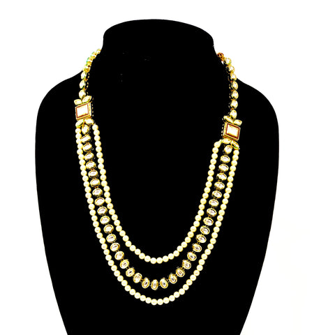 Multiple Line Pearl and Kundan Long Necklace - PAAIE