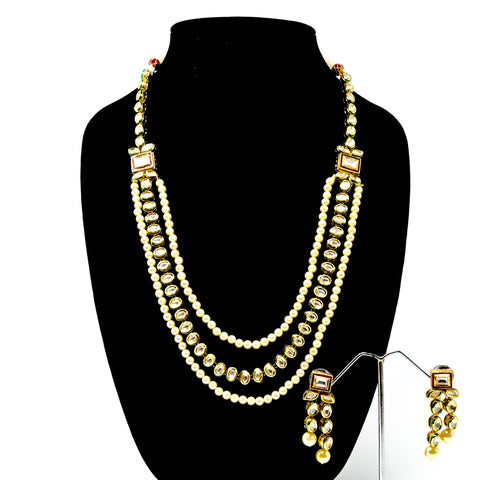Multiple Line Pearl and Kundan Long Necklace - PAAIE