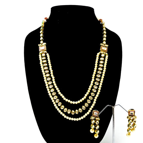Multiple Line Pearl and Kundan Long Necklace - PAAIE