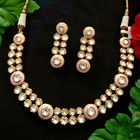 Gold Plated Double line Baby Pink Kundan Set - PAAIE