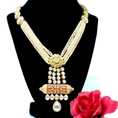 Beaded Gold Plated Brown and Red Kundan Set - PAAIE