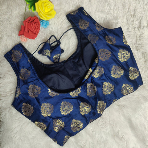 Dark Blue Color Designer Sleeveless Brocade Silk Blouse For Wedding & Party Wear For Women (D1367)