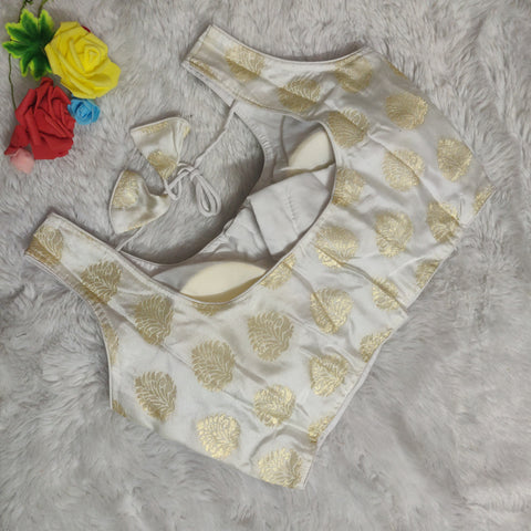 White Color Designer Sleeveless Brocade Silk Blouse For Wedding & Party Wear For Women (D1370)