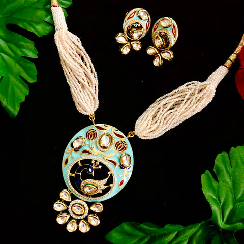 Gold Plated Peacock Pedant Kundan Set - PAAIE