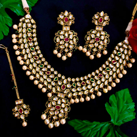 Gold Plated Semi-Precious Emerald and Ruby Kundan Set - PAAIE